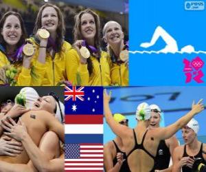 Puzzle Πόντιουμ κολύμβηση μέτρο 4 x 100 freestyle αναμετάδοσης, Αυστραλία, ΗΠΑ και τις Κάτω Χώρες - London 2012 - των γυναικών